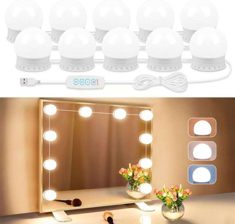 Bairth LED Vanity Lights For Mirror, Vanity Lights Stick on with 10 Dimmable Bulbs, 3000K 4000K 6500K & 10 Level Brightness Adjustable, USB Cable, Hollywood Mirror Lights for Makeup Dressing Room Bathroom - Image 1